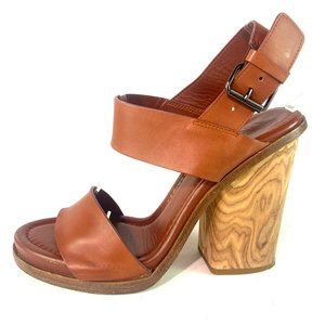 VINCE Haley Block Wood Leather Sandal Whisky Cognac Heels Size 8.5